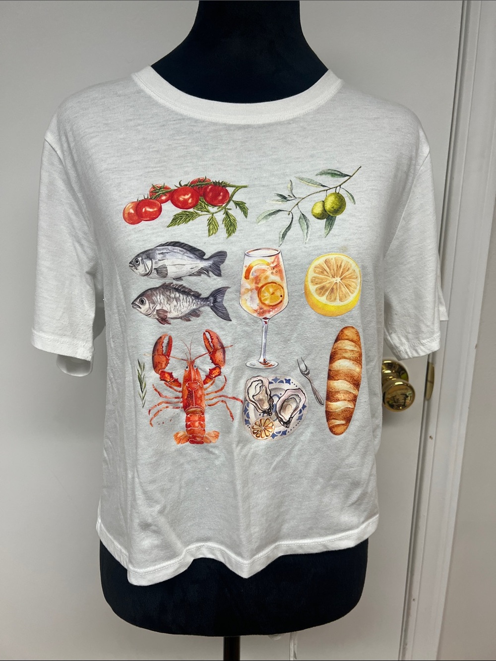 White Short-Sleeve Graphic Tee with Culinary Motif